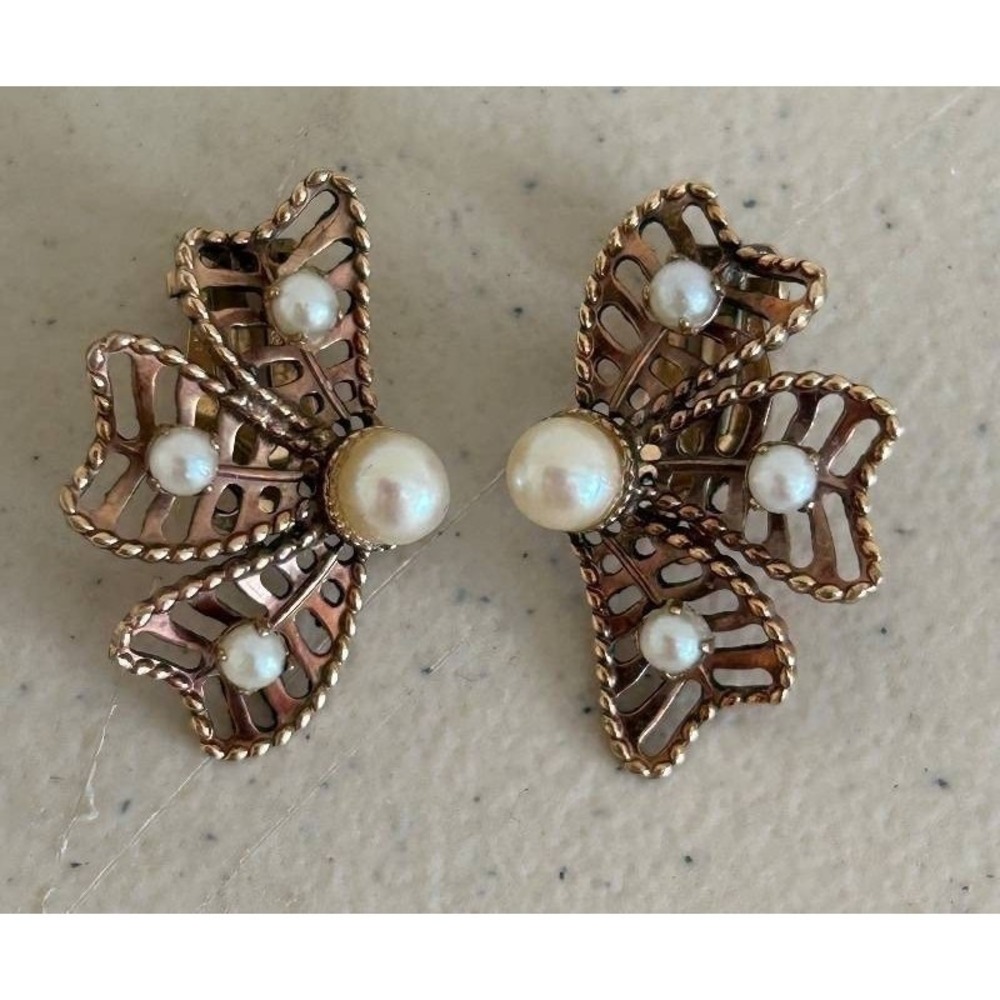 12K Gold-Filled Clip-On Earrings & Cultured Pearls -‎ Butterfly Bows